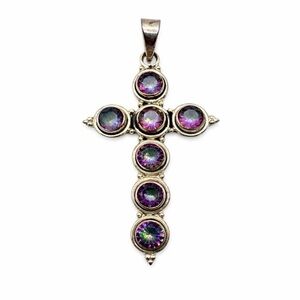 S925 Round Mystic Topaz Cross Pendant